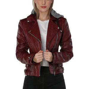 Burgundy Leather Jacket with Gray Hood