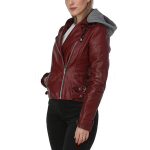 Burgundy Leather Jacket with Gray Hood