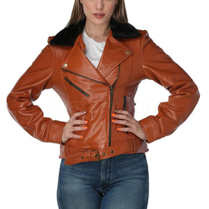 Cognac Brown Leather Jacket with Fur Collar