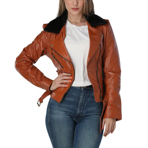 Cognac Brown Leather Jacket with Fur Collar