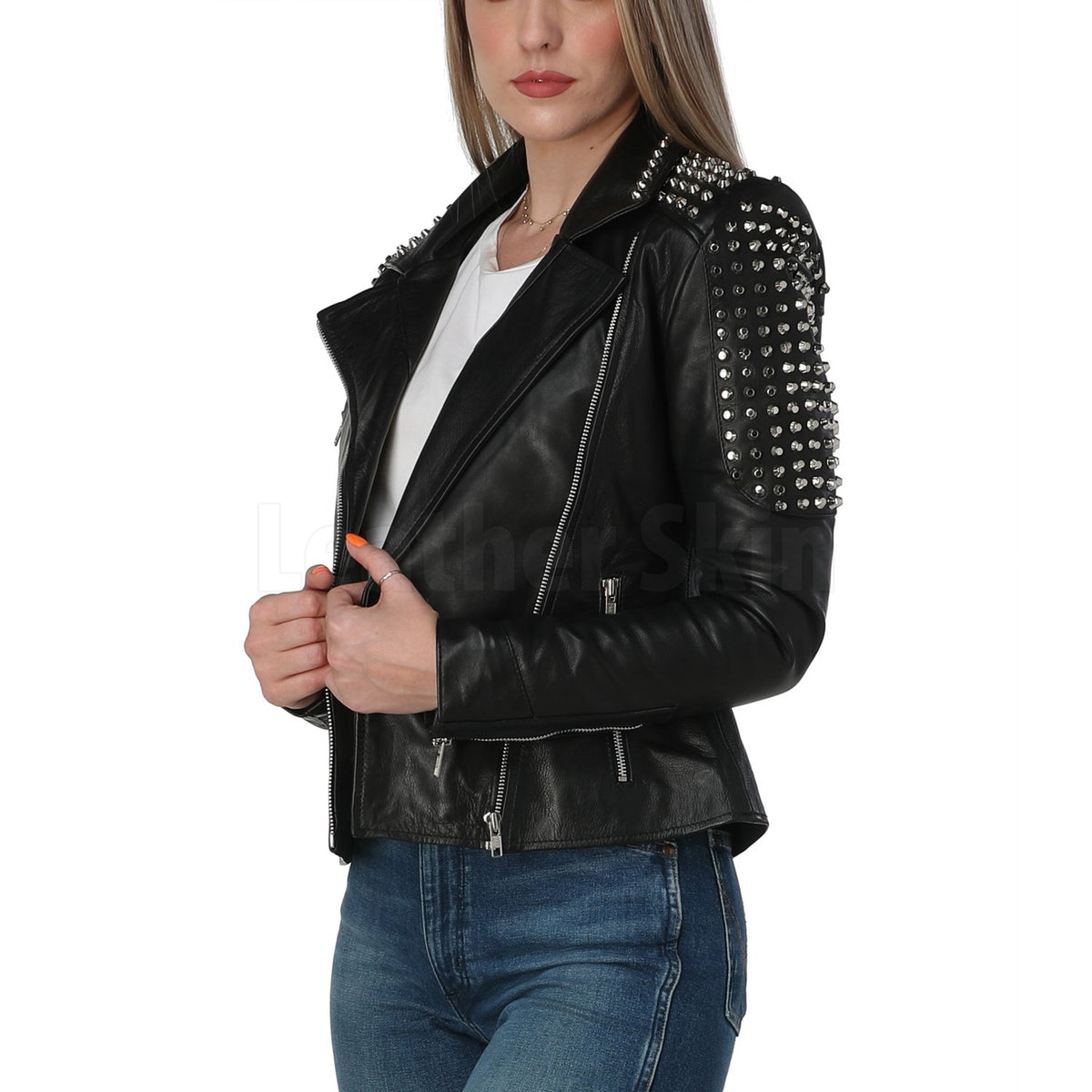 Elishia Cutting Edge Black Spike Studded Leather Jacket