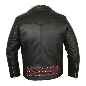 Edgy Black Leather Biker Jacket with Red Quilted Lining