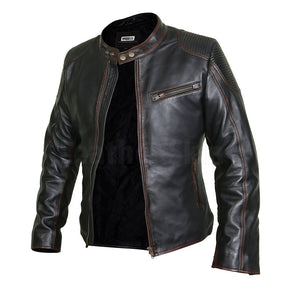 Elegant Black Cafe Racer Leather Jacket with Chocolate Lining