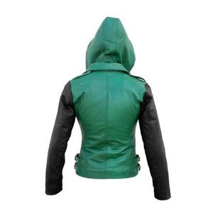Leather Skin Women Hoodie Green Brando Genuine Leather Jacket with Black Sleeves