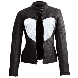 Leather Skin Women Shoulder Quilted White Love Heart Genuine Leather Jacket