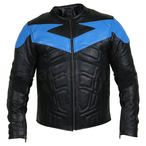 Ideal Black Leather Jacket with Energetic Blue Patch