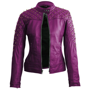 Leather Skin Women Purple Shoulder Quilted Gold Studs Studded Genuine Leather Jacket