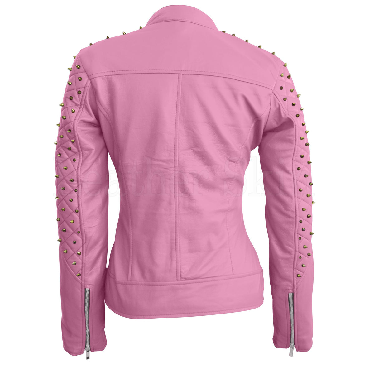 Leather Skin Women Pink Quilted Gold Studded Skeletons Genuine Leather Jacket