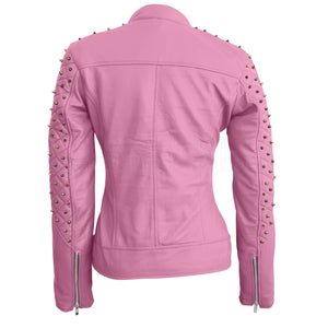 Leather Skin Women Pink Quilted Gold Studded Skeletons Genuine Leather Jacket