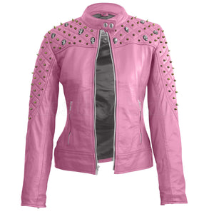 Leather Skin Women Pink Quilted Gold Studded Skeletons Genuine Leather Jacket