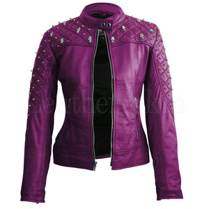 Leather Skin Women Purple Quilted Gold Studded Skeletons Genuine Leather Jacket