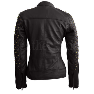 Leather Skin Women Black Shoulder Quilted with Gold Studs and Skeletons Genuine Leather Jacket