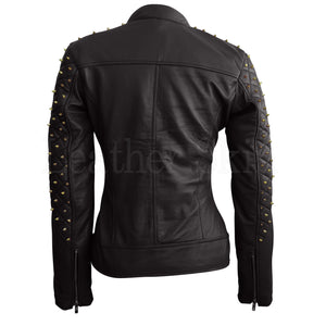 Leather Skin Women Black Shoulder Quilted with Gold Studs and Skeletons Genuine Leather Jacket