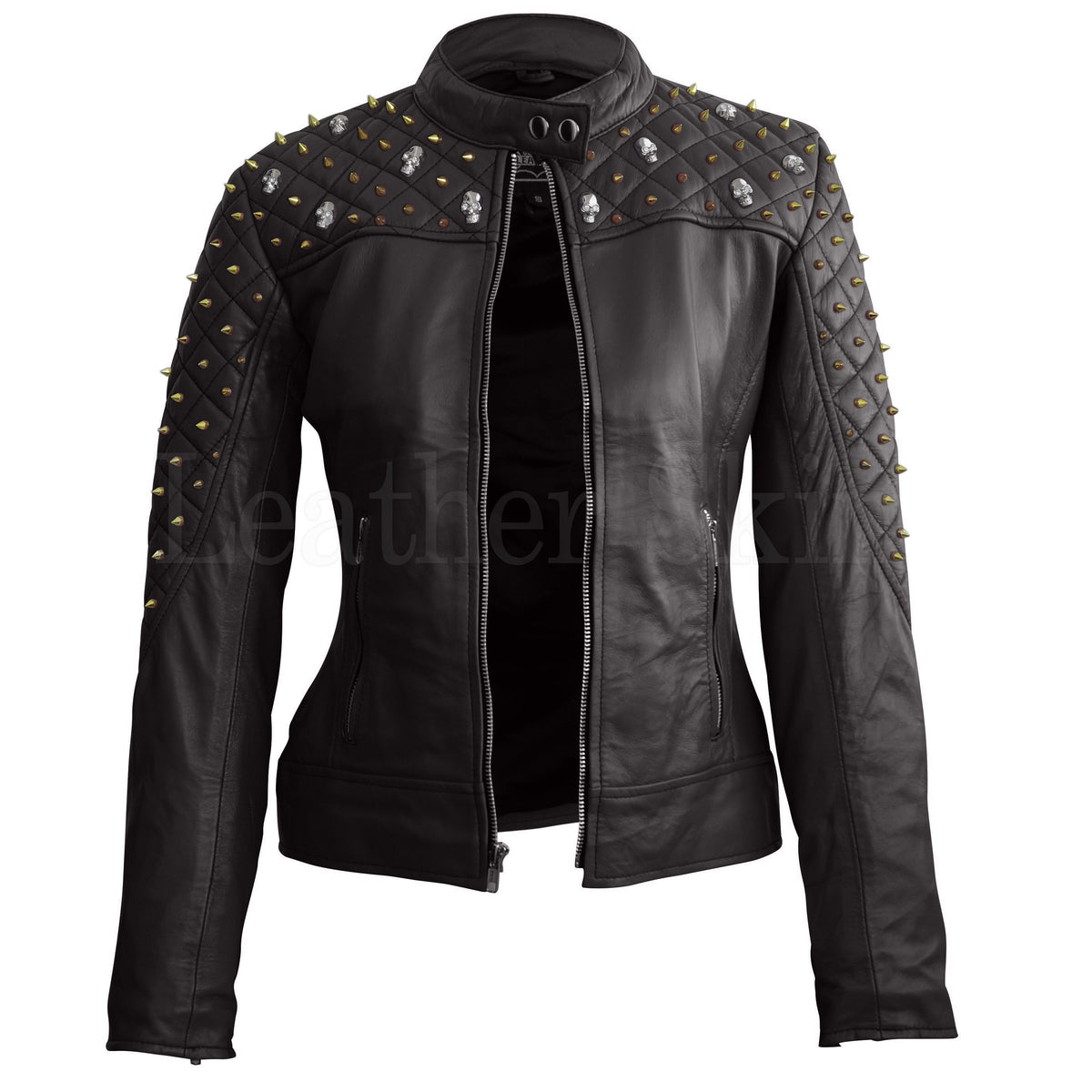 Leather Skin Women Black Shoulder Quilted with Gold Studs and Skeletons Genuine Leather Jacket