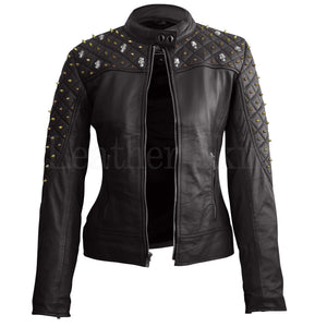 Leather Skin Women Black Shoulder Quilted with Gold Studs and Skeletons Genuine Leather Jacket
