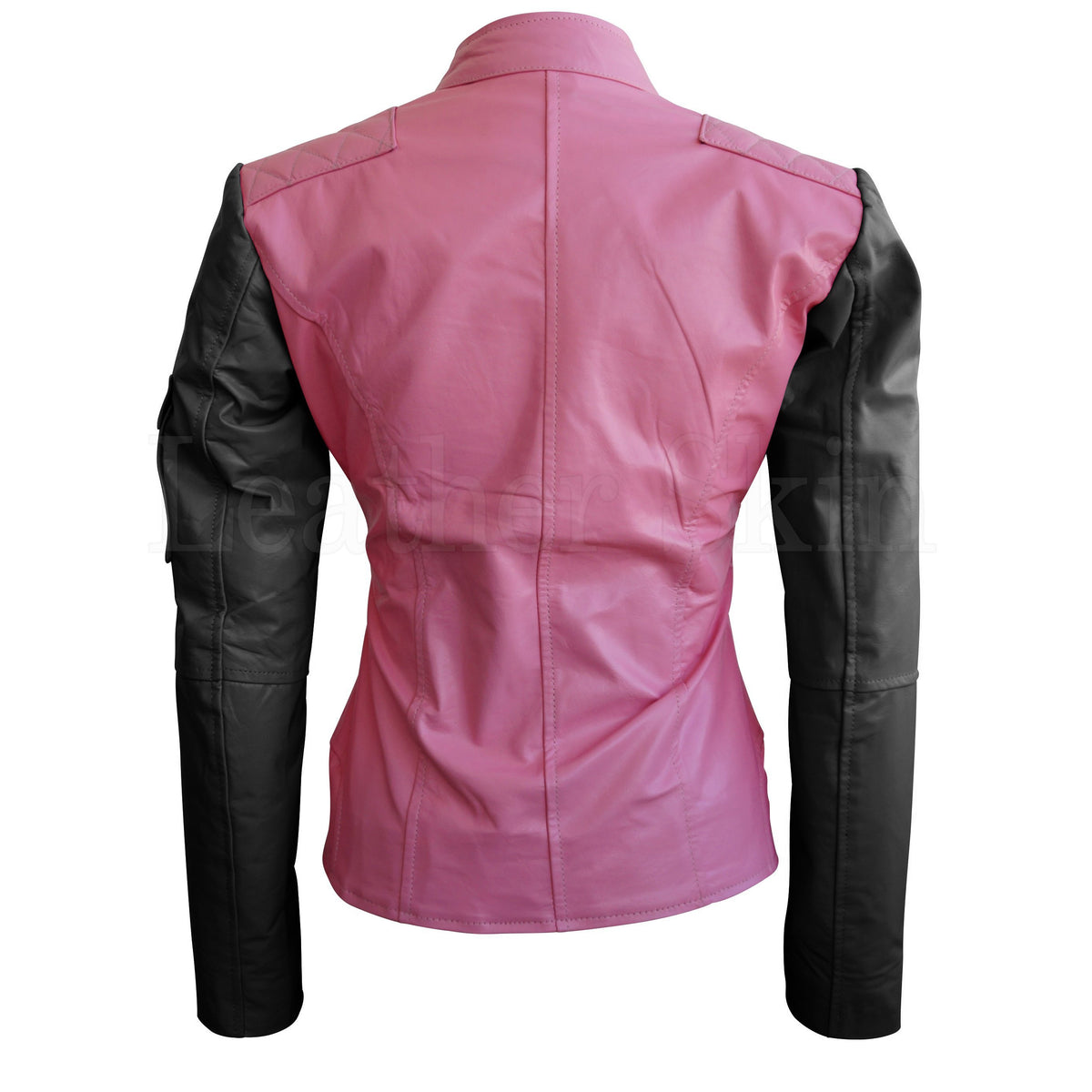 Leather Skin Women Pink with Black Sleeves Shoulder Quilted Brando Genuine Leather Jacket