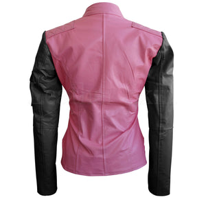 Leather Skin Women Pink with Black Sleeves Shoulder Quilted Brando Genuine Leather Jacket