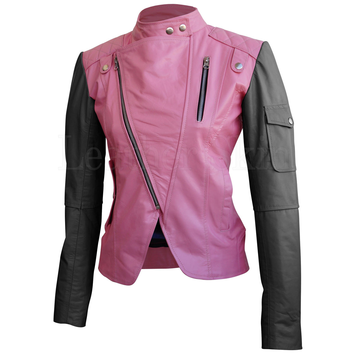 Leather Skin Women Pink with Black Sleeves Shoulder Quilted Brando Genuine Leather Jacket