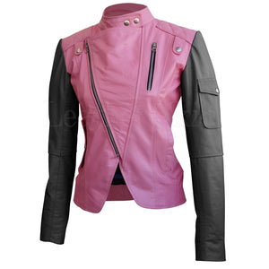 Leather Skin Women Pink with Black Sleeves Shoulder Quilted Brando Genuine Leather Jacket