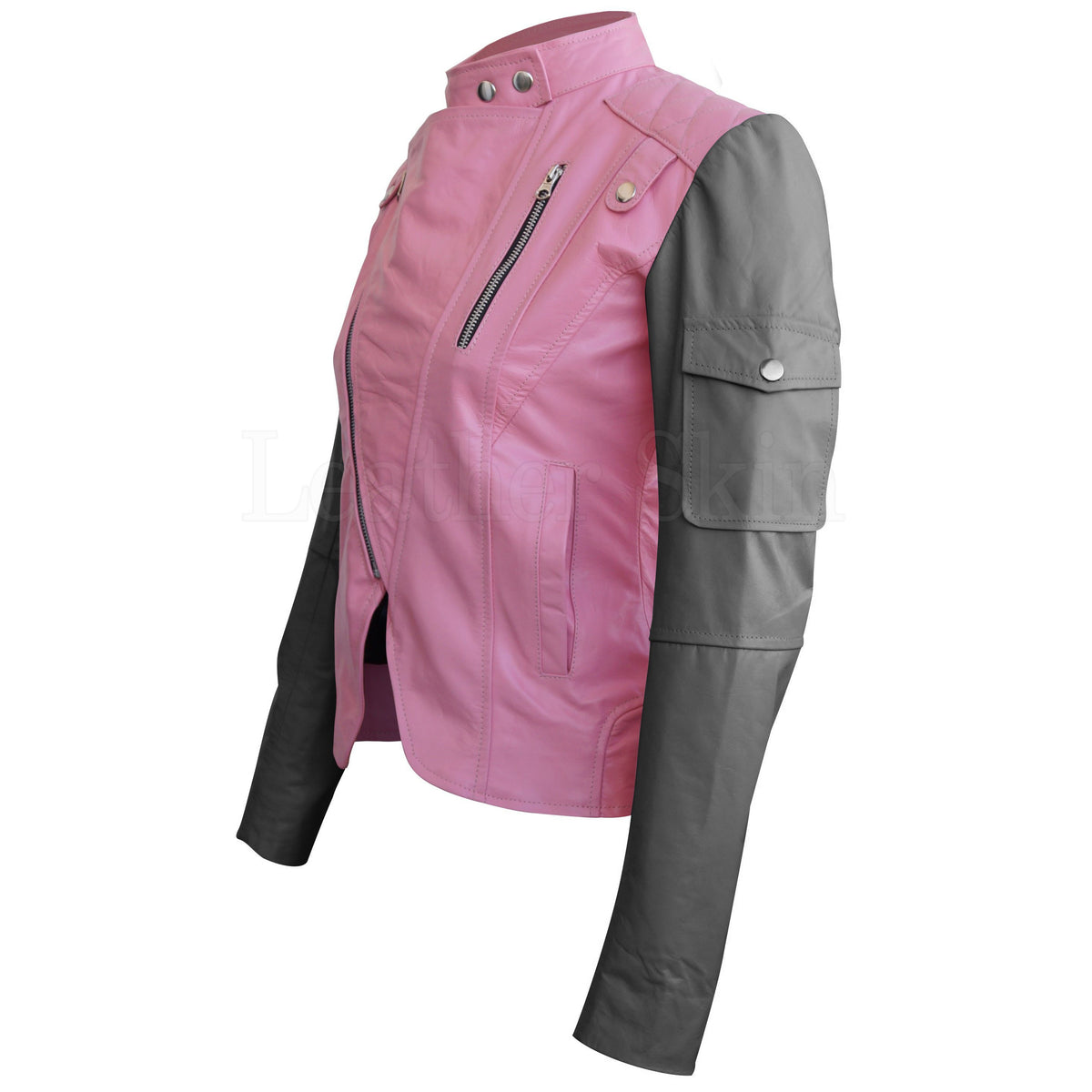 Leather Skin Women Pink with Black Sleeves Shoulder Quilted Brando Genuine Leather Jacket