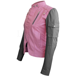 Leather Skin Women Pink with Black Sleeves Shoulder Quilted Brando Genuine Leather Jacket