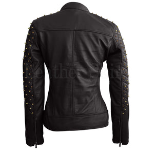 Leather Skin Women Black Shoulder Quilted with Gold Studs Studded Genuine Leather Jacket