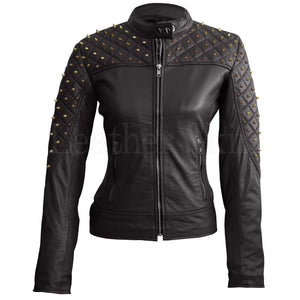 Leather Skin Women Black Shoulder Quilted with Gold Studs Studded Genuine Leather Jacket