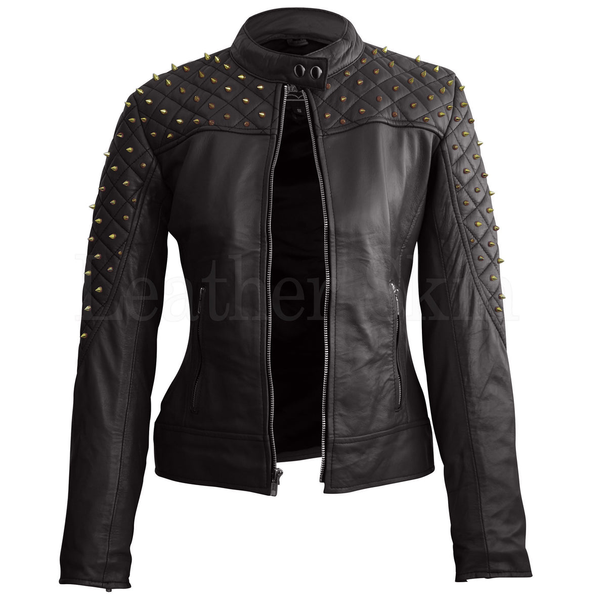 Leather Skin Women Black Shoulder Quilted with Gold Studs Studded Genuine Leather Jacket
