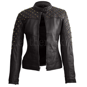 Leather Skin Women Black Shoulder Quilted with Gold Studs Studded Genuine Leather Jacket
