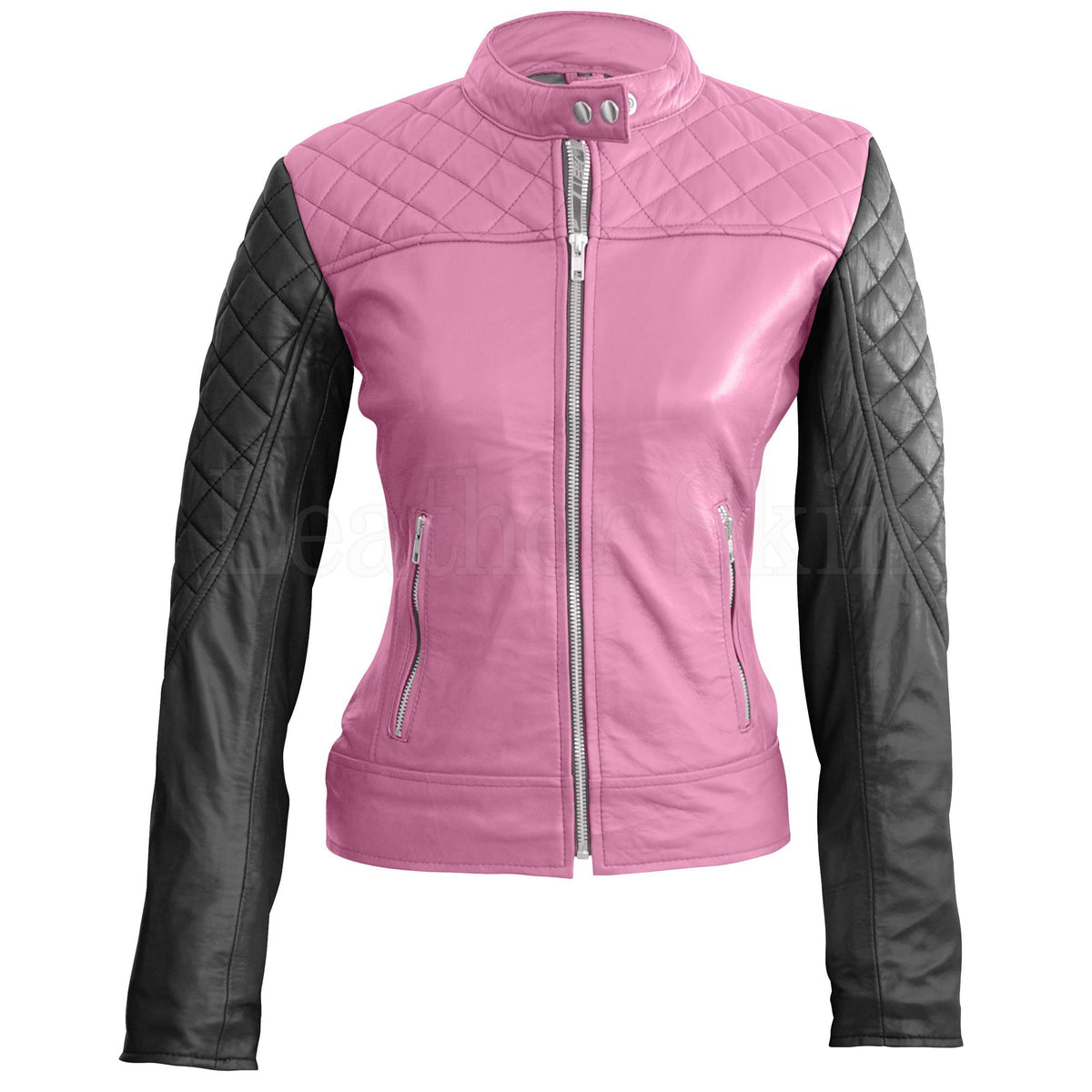 Leather Skin Women Pink with Black Sleeves Shoulder Quilted Genuine Leather Jacket