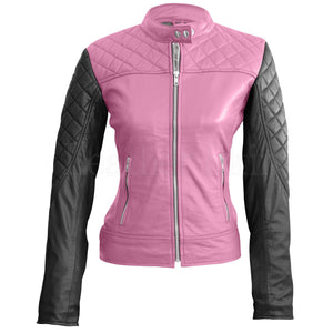 Leather Skin Women Pink with Black Sleeves Shoulder Quilted Genuine Leather Jacket