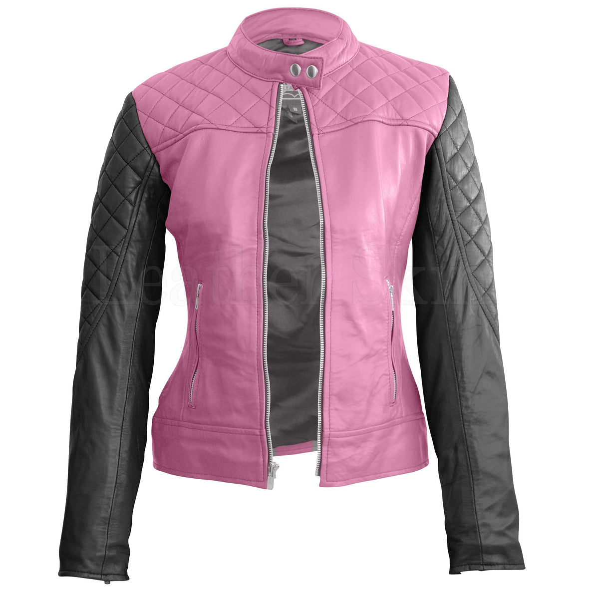 Leather Skin Women Pink with Black Sleeves Shoulder Quilted Genuine Leather Jacket