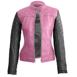 Leather Skin Women Pink with Black Sleeves Shoulder Quilted Genuine Leather Jacket