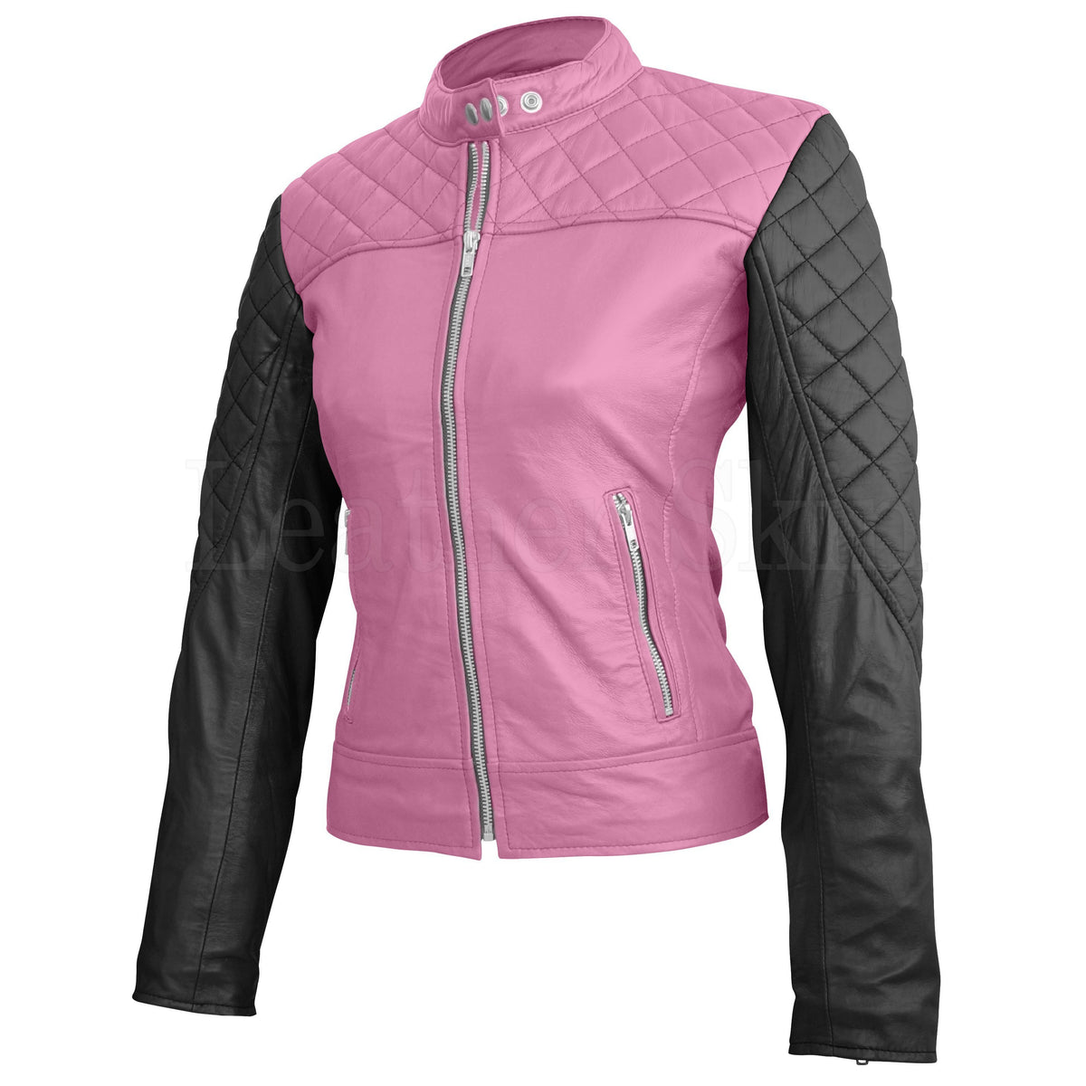 Leather Skin Women Pink with Black Sleeves Shoulder Quilted Genuine Leather Jacket