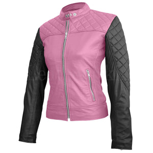Leather Skin Women Pink with Black Sleeves Shoulder Quilted Genuine Leather Jacket