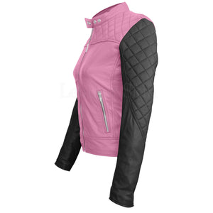 Leather Skin Women Pink with Black Sleeves Shoulder Quilted Genuine Leather Jacket