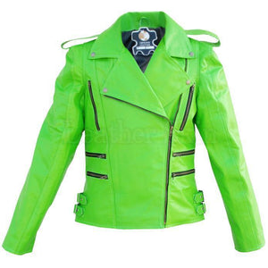 Women Parrot Green Genuine Leather Jacket with shoulder epaulettes