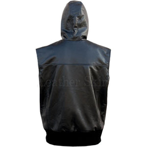 Men Black Hooded Real Leather Vest with Elastic Bottom (Back)