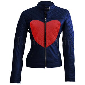 Women Love Blue with Red Heart Shoulder Quilted Genuine Leather Jacket