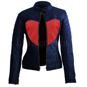 Women Love Blue with Red Heart Shoulder Quilted Genuine Leather Jacket