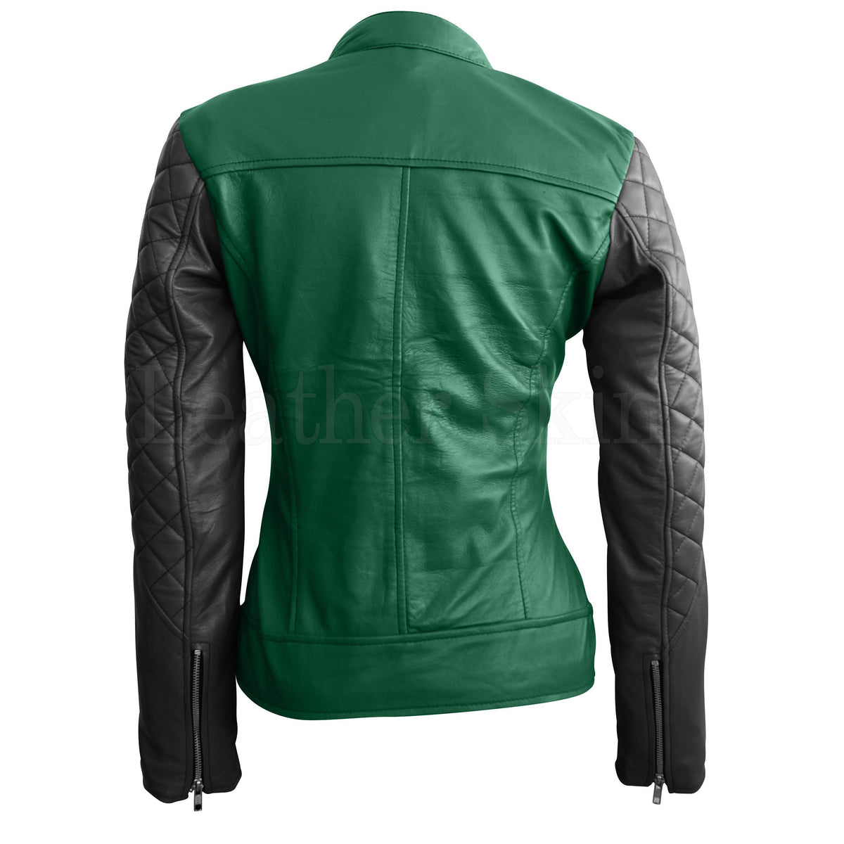 Leather Skin Women Green with Black Sleeves Shoulder Quilted Genuine Leather Jacket