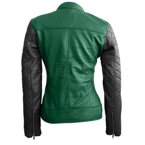 Leather Skin Women Green with Black Sleeves Shoulder Quilted Genuine Leather Jacket