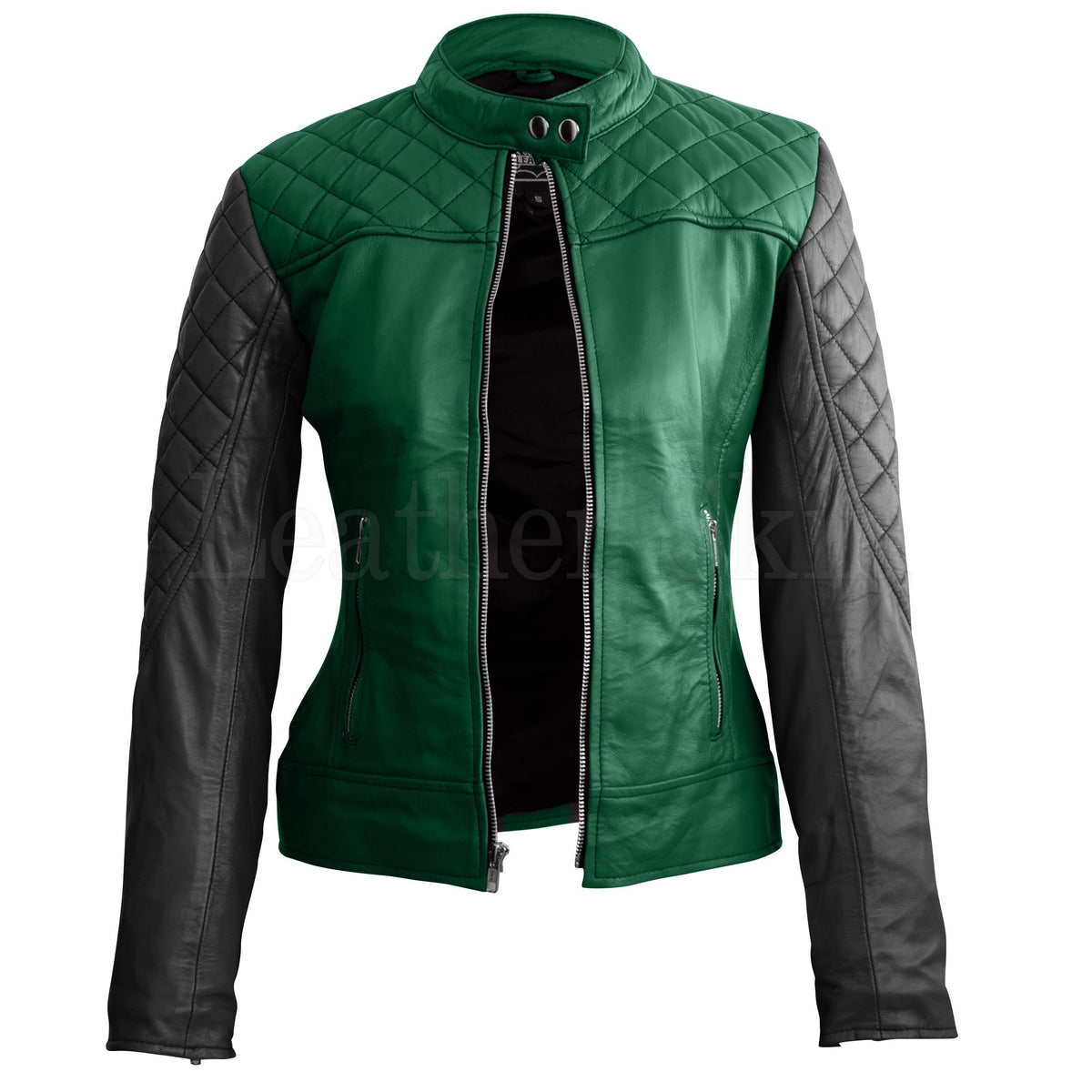 Leather Skin Women Green with Black Sleeves Shoulder Quilted Genuine Leather Jacket