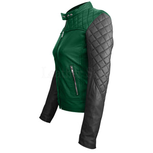 Leather Skin Women Green with Black Sleeves Shoulder Quilted Genuine Leather Jacket