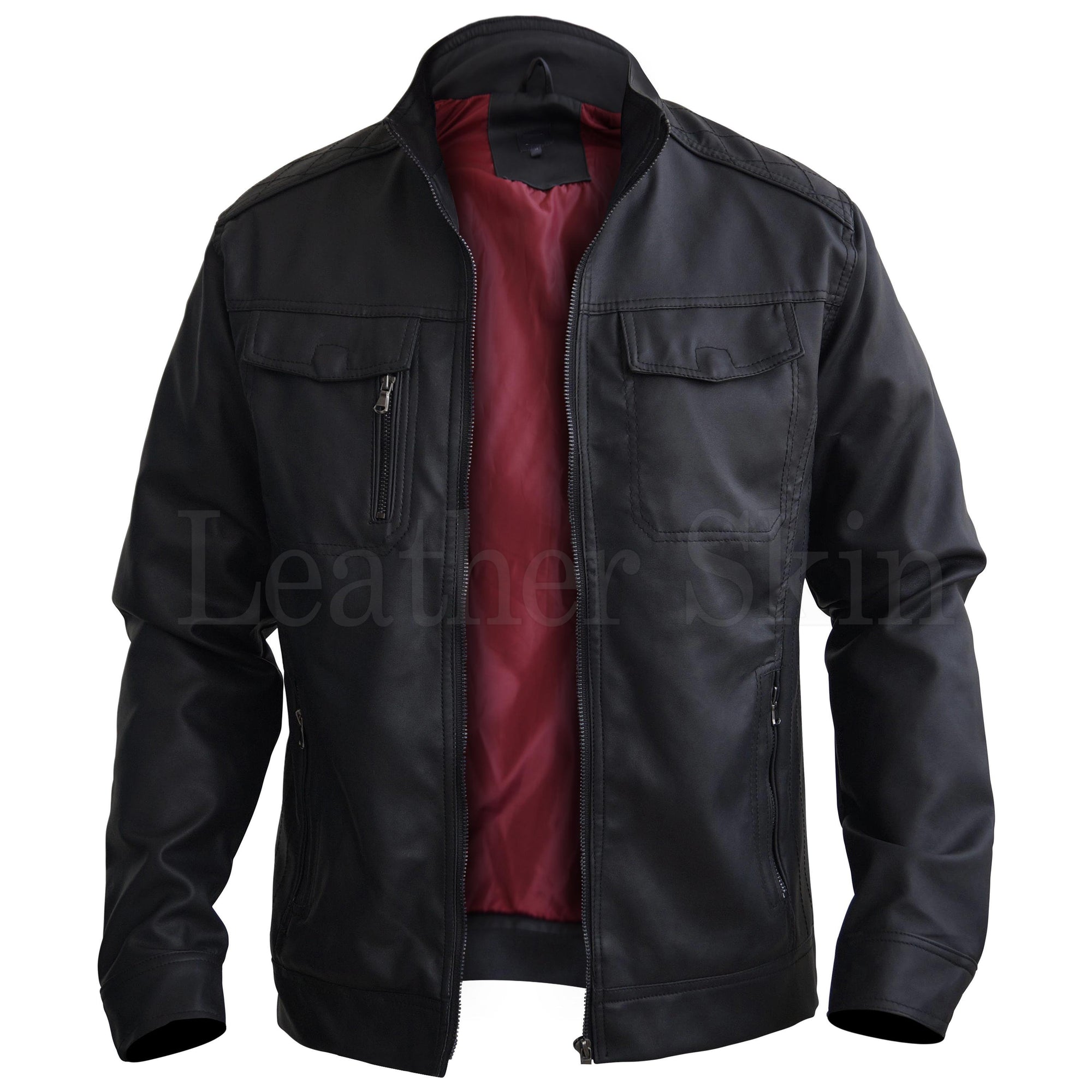 Black Cross Shoulder Diamond Men Genuine Leather Jacket