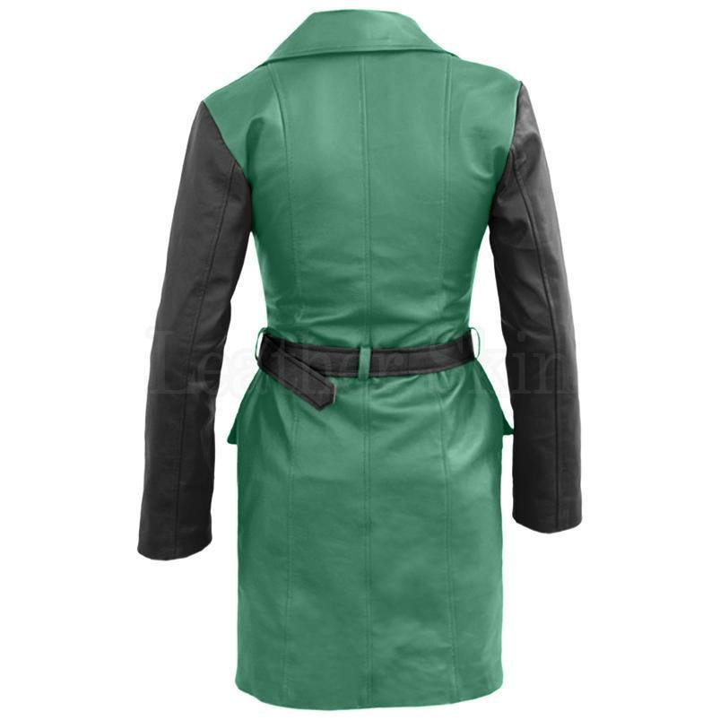 Leather Skin Women Green with Black Sleeves Genuine Leather Coat