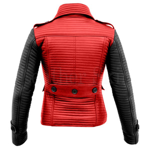 Leather Skin Women Red Rib Quilted Genuine Leather Jacket with Black Sleeves