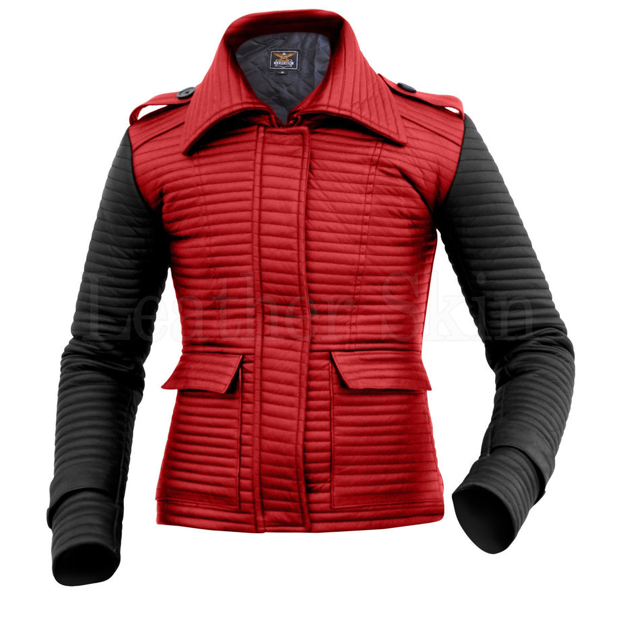 Leather Skin Women Red Rib Quilted Genuine Leather Jacket with Black Sleeves