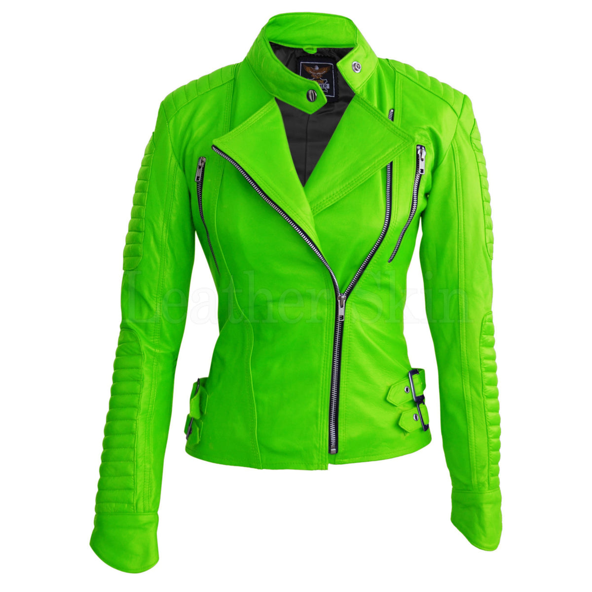 Leather Skin Women Parrot Green Brando Shoulder Padded Genuine Leather Jacket