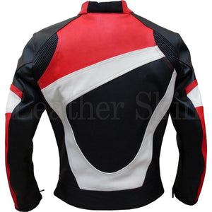 Motorcycle Leather Jacket with Red White Stripes (Back)